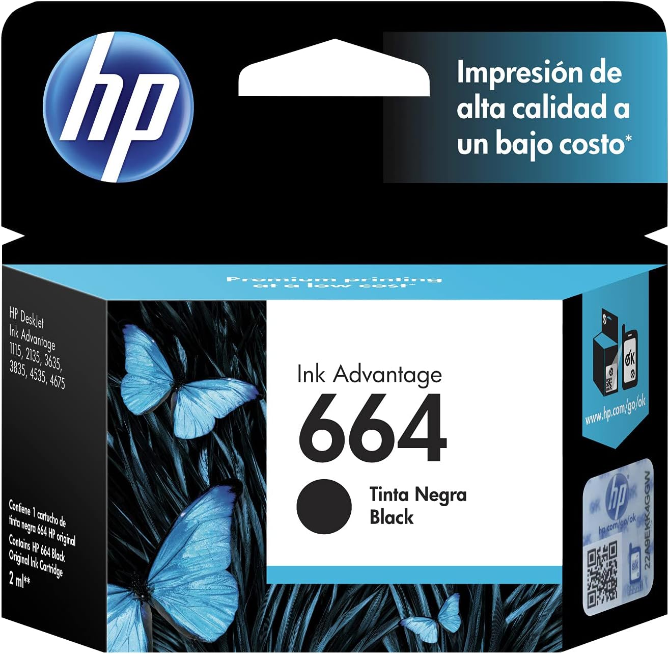 HP Cartucho De Tinta 664 Negra. 1115-21344-2135-2675-3635-3775-3785-3787-3789-2825-4535-4675-5075-5275