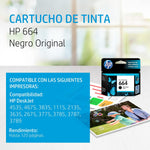 HP Cartucho De Tinta 664 Negra. 1115-21344-2135-2675-3635-3775-3785-3787-3789-2825-4535-4675-5075-5275