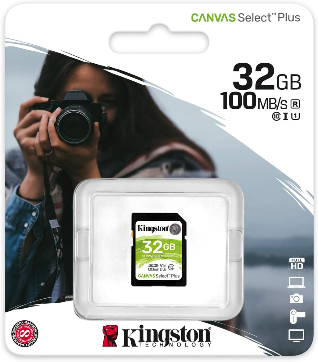 Kingston Tarjeta de memoria SDHC Canvas Select Plus de 100 MB/s de lectura clase 10 UHS-I U1 V10 (SDS2/32GB)