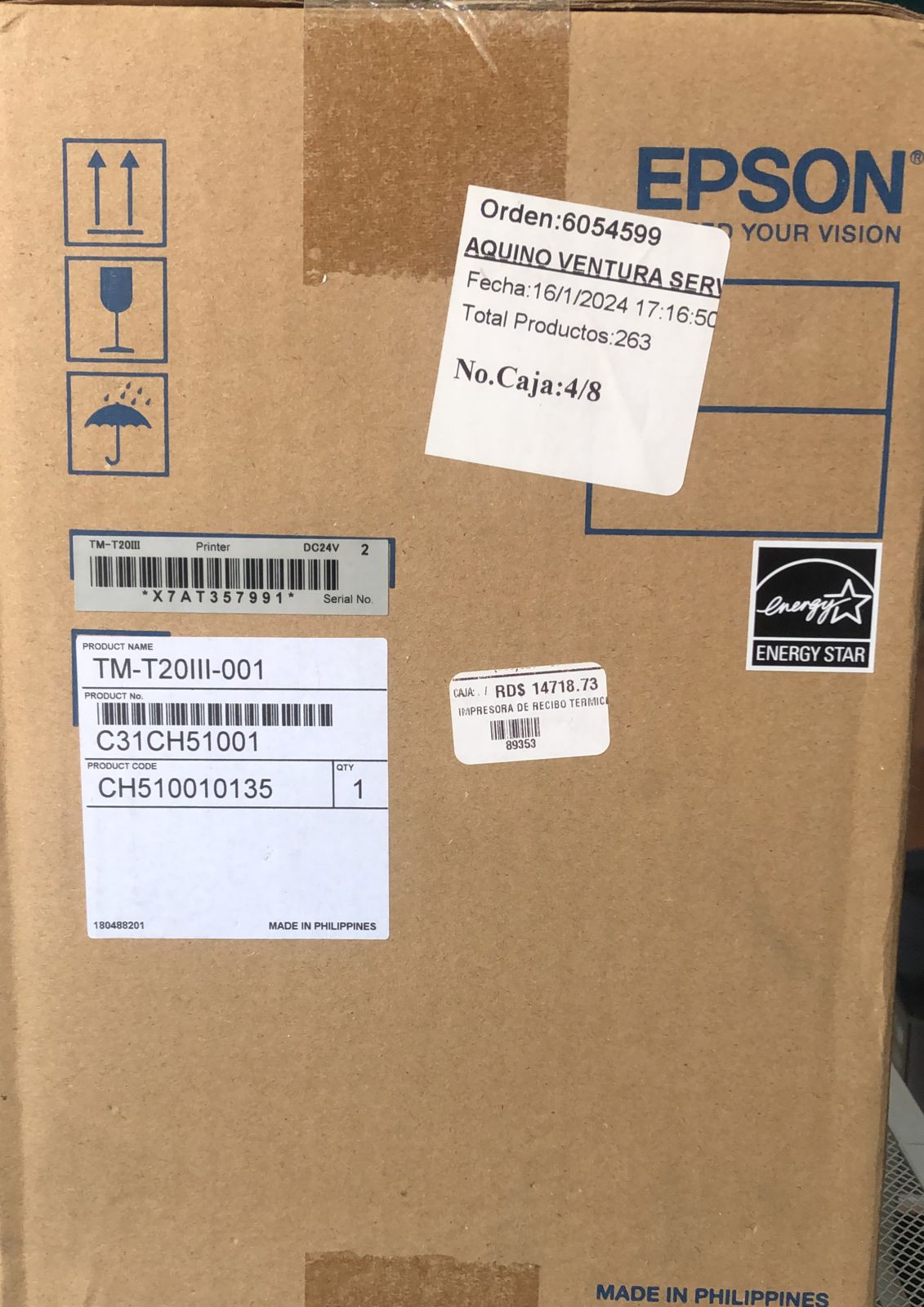 Impresora Térmica Epson TM-T20III para recibos de puntos de venta